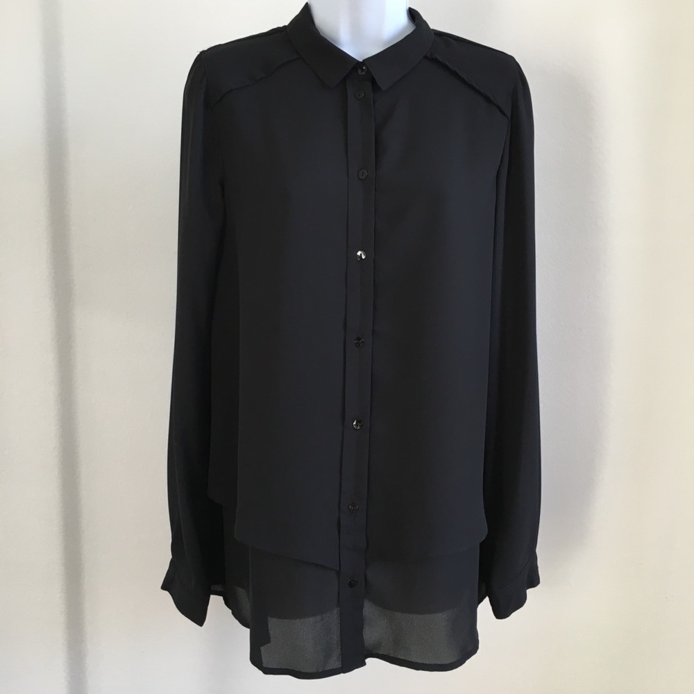 Bobeau Collared Button Down Layered Chiffon Blouse